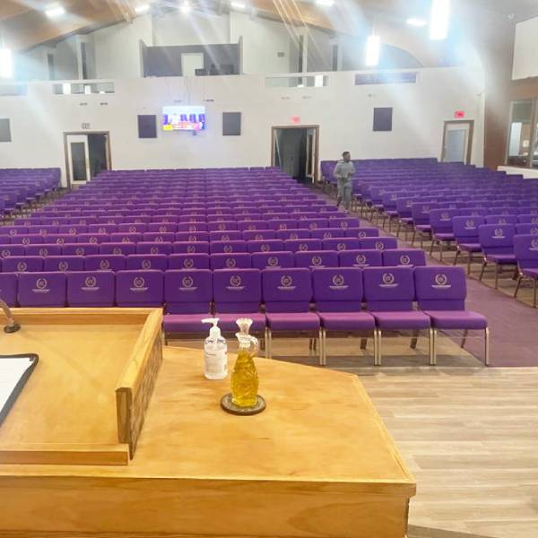 700 21-inch Purple Church Chairs with Church Logo Arrive in Missouri